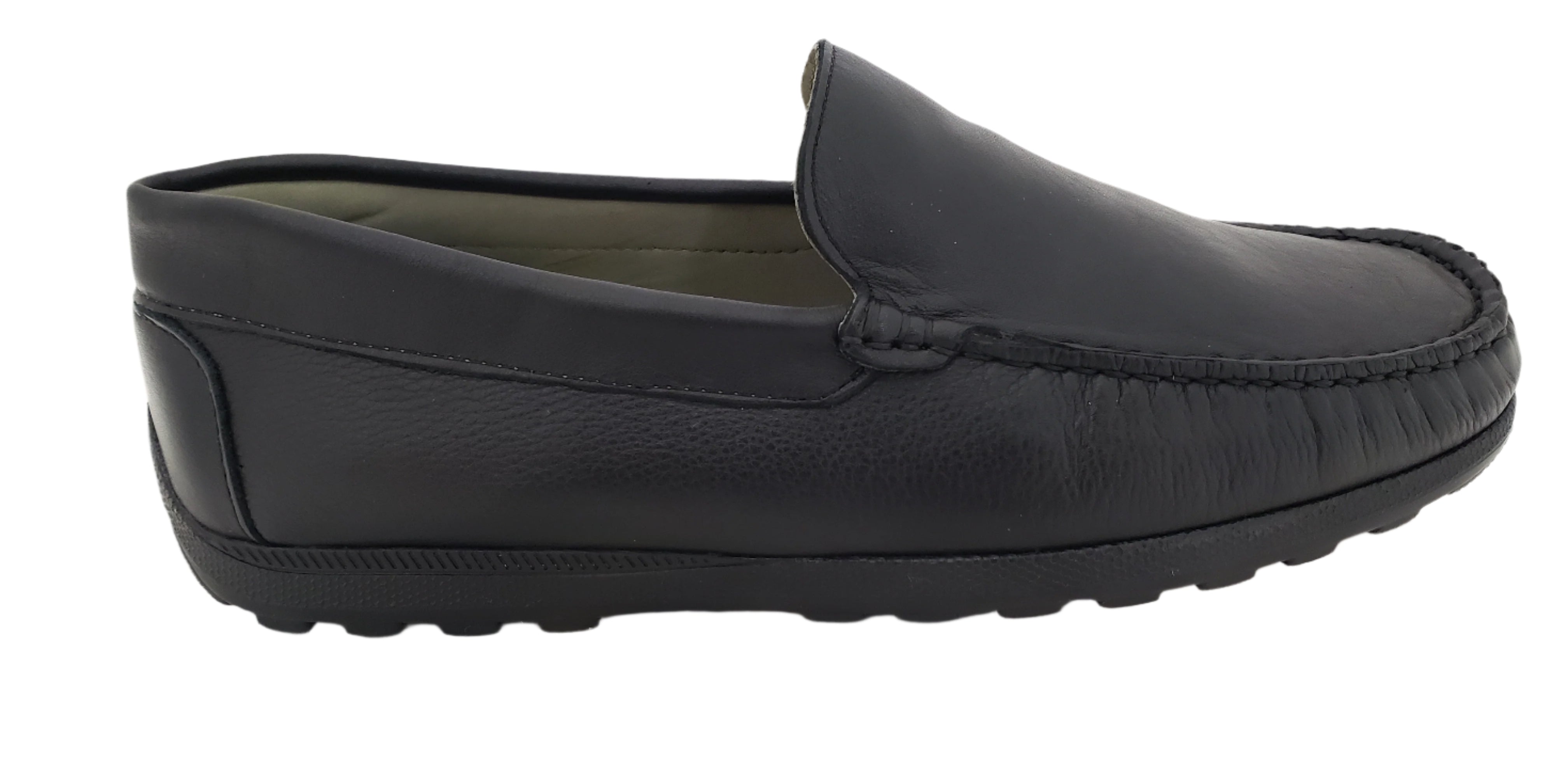 Black loafer shoe on a light gray background